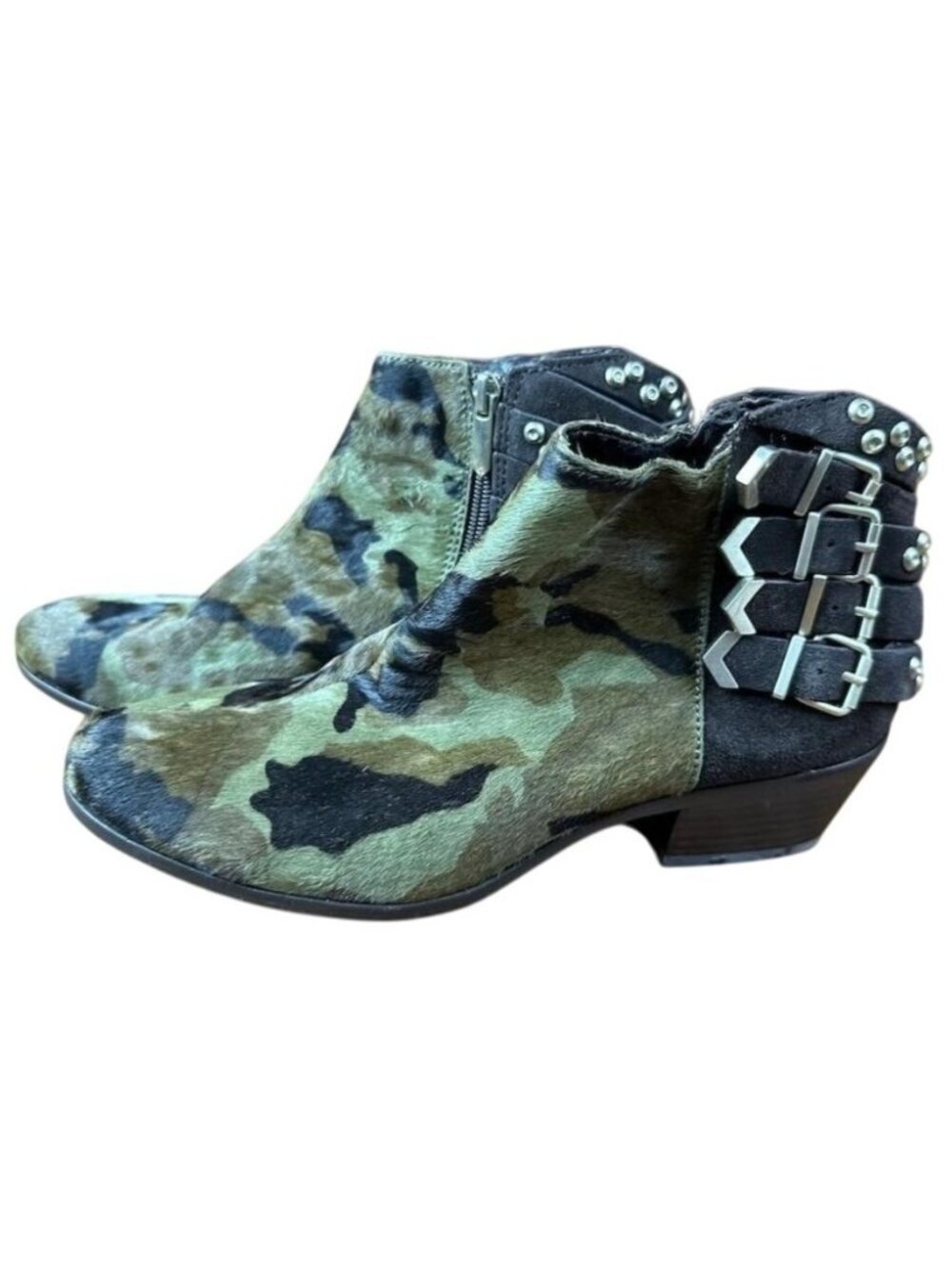 Sam Edelman Penrose Camo Calf Hair & Leather Buckle Embellished Booties Boots 8